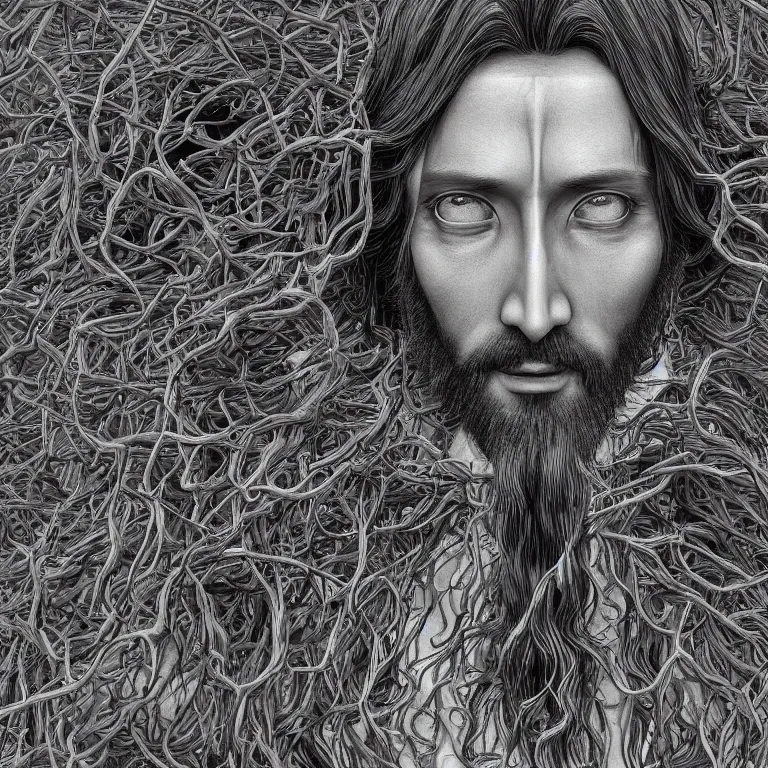 Image similar to surreal portrait of Jesus Christ by Shintaro Kago, beautiful detailed intricate insanely detailed BW 3D render digital art, octane render, 8K artististic portrait photography