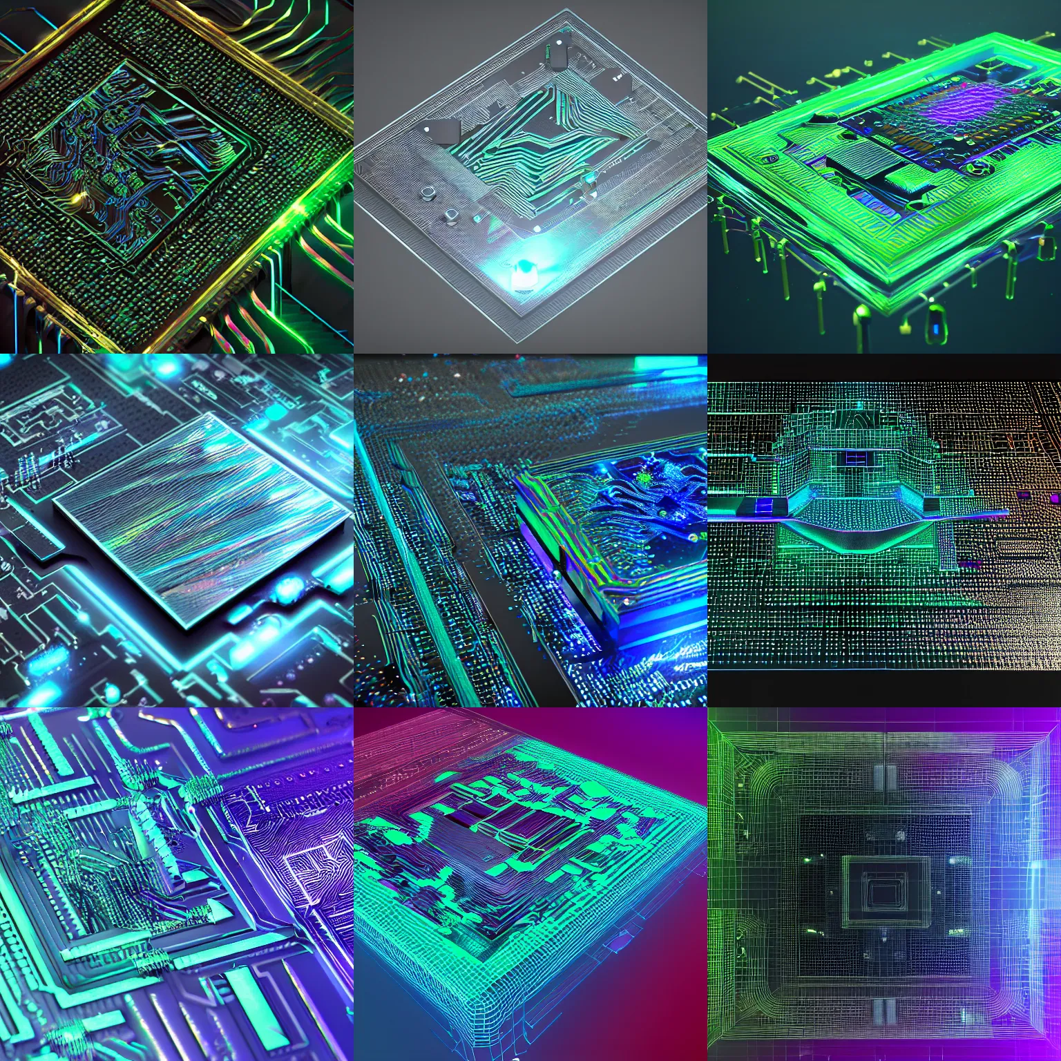 Prompt: circuit board processor, 3 d ray traced, iridescent, octane render, beautiful, futuristic, holograms and crystals