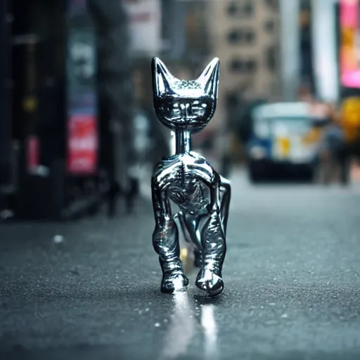 Prompt: a t - 1 0 0 0 cat made of liquid metal walking in the streets of new york city and frightening all the people around, volumetric lighting, sharp focus, ultra detailed, cgsociety - w 1 0 2 4 - n 8 - i