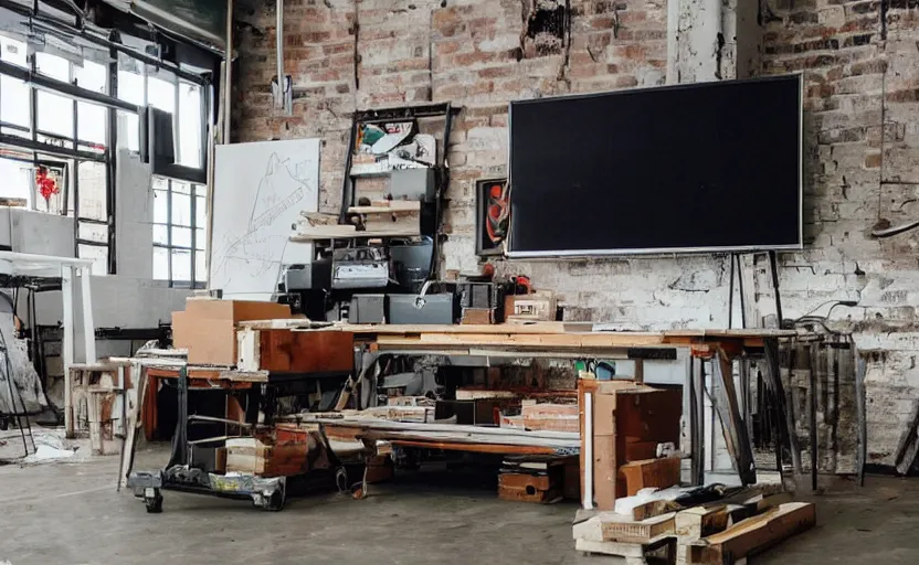 Image similar to an old warehouse that is turned into a workshop with a staple of vintage televisions