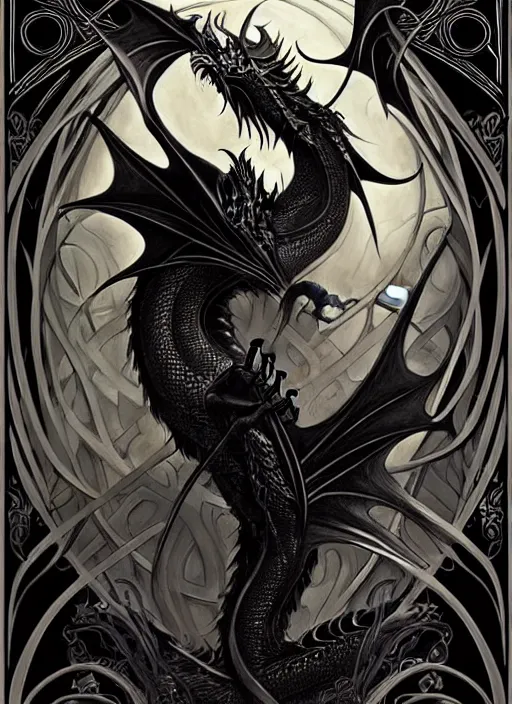 Prompt: an art nouveau, black dragon illustration in the style of charlie bowater, and in the style of donato giancola, and in the style of charles dulac. very large, clear, expressive, intelligent eyes. symmetrical, centered, ultrasharp focus, dramatic lighting, photorealistic digital painting, intricate ultra detailed background.