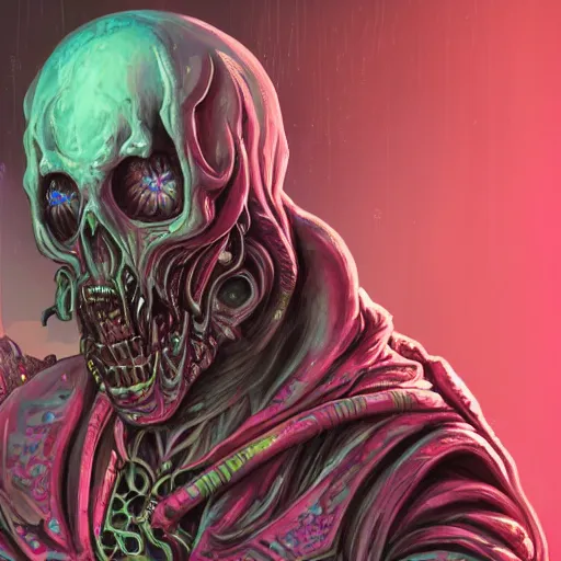 Image similar to cyberpunk undead lich ilithid mindflayer playing synthesizers, honeycomb skull structure, D&D, highly detailed, realistic, technology and magic,