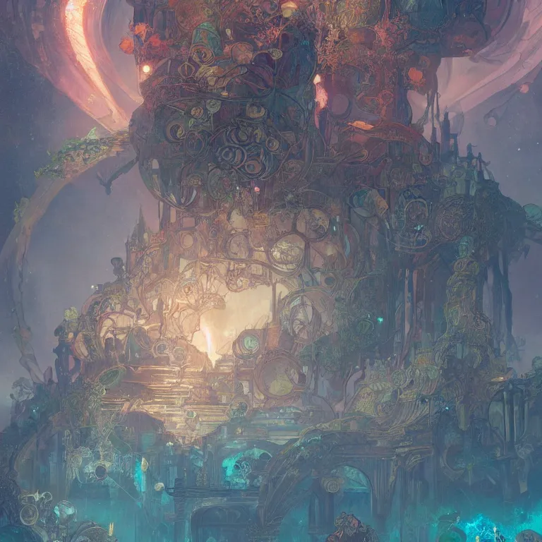 Image similar to a beautiful painting of the city of atlantis, underwater with glowing lights, corals and jellyfish, with the night sky with stars above, intricate, elegant, highly detailed, digital painting, artstation, concept art, by krenz cushart and artem demura and alphonse mucha