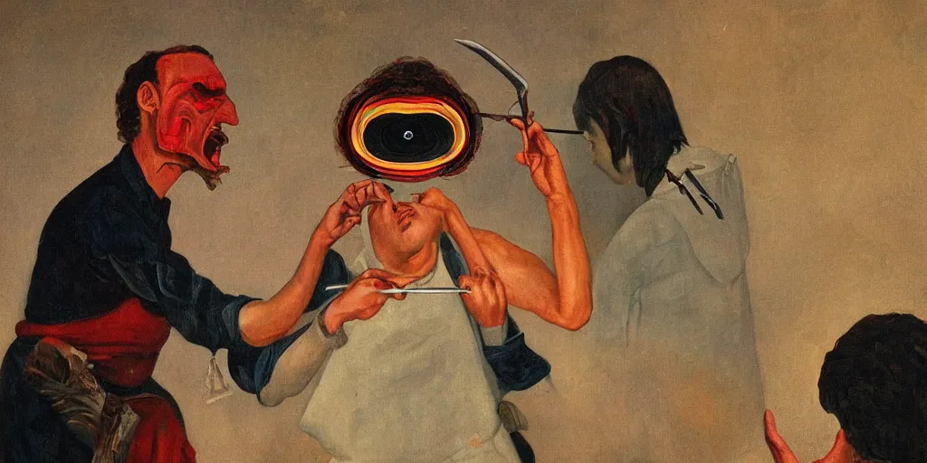 Image similar to a surreal painting of a man removing a nail from his third eye