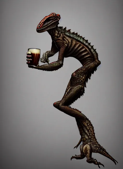 Prompt: strengh human - body lizard drinks beer, human legs, beer, glass, beer mug in hand, intricate, triumphantly, foggy background, full body art, dark souls, drawing, concept art, artstation, digital painting