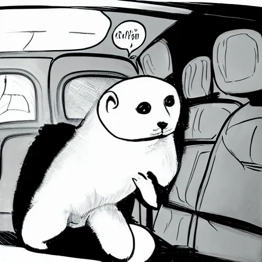 Prompt: portrait of a smug baby harp seal riding in the back of a limo, medium shot, highly coherent, saga comic, fiona staples