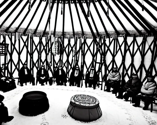 Prompt: tsar nikolai ii seats in yurt with kyrgyz people, black and white photo