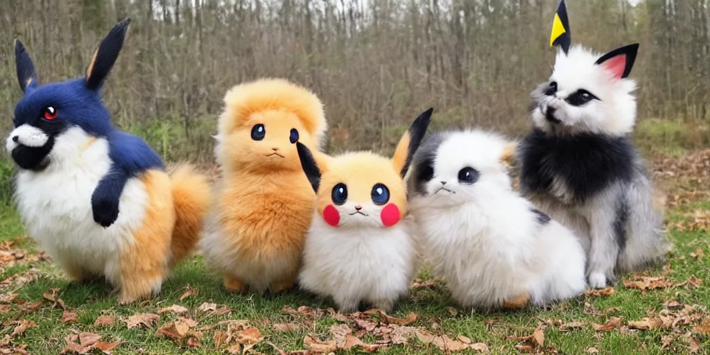 Image similar to real life pokemons, cute!!!, content!!!, mischievous!!!, adorable!!!, fluffy!!!, ultra realistic!!!, winter, golden hour, sharp focus