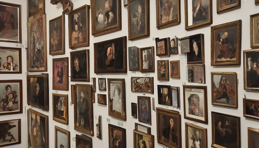 Image similar to a wall full of portrait paintings of good behaving demons, claustrophobic, museum