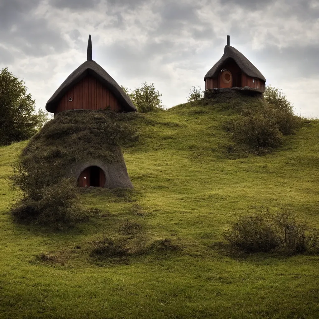 Prompt: a lone techno hobbit house at the top of a tower in the middle of a field, dramatic lighting, award winning, in the style of callebaut, vincent