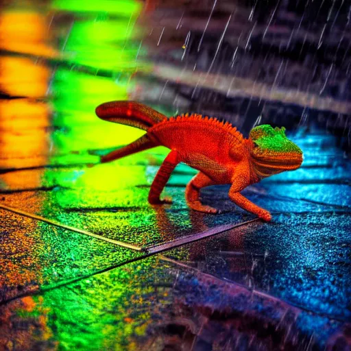 Prompt: Chameleon, rain, neon lights reflecting off the street, low wide shot, 8k, colorful, award winning photo