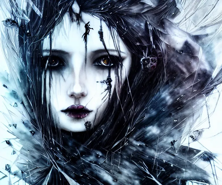 Prompt: stunning otherworldly gothic goddess of ice, dark and mysterious, atmospheric, ominous, eerie, cinematic, epic, 8 k, 4 k, ultra detail, ultra realistic, rendered by awesomeness. nights falling wind is blowwing snow is pilling concept art in style of carne griffiths artwork by xsullo