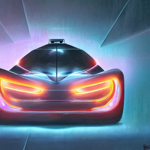 Image similar to detailed intricate digital illustration by greg rutkowski and artgerm and wlop and sanford robinson gifford ; 1 9 9 4 concept car electric vehicle, sharp, smooth, closeup view ; bright, glowing, vintage headlights and 1 9 9 0 s design ; sharp focus, depth of field, front angle shot, head on