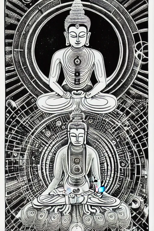 Image similar to a black and white drawing of chakra awakened ancient futuristic buddha meditating, bioluminescence, a detailed mixed media collage by eduardo paolozzi and ernst haeckel, intricate linework, sketchbook psychedelic doodle comic drawing, geometric, deconstructivism, matte drawing, academic art, constructivism