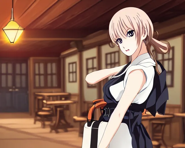 Image similar to key anime visual portrait of a young female with luggage in a tavern interior, dynamic pose, dynamic perspective, cinematic, dramatic lighting, muted colors, fine detail, textured, finely detailed eyes, anime proportions