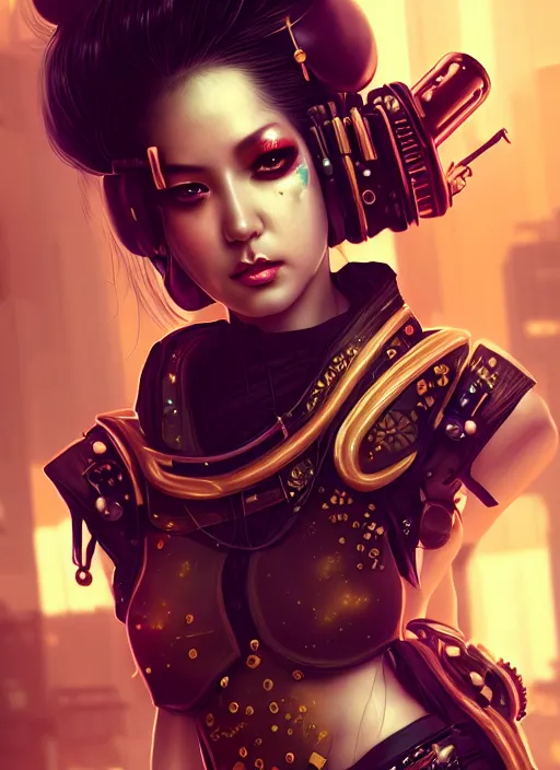 Image similar to soft lustrous ebony geisha seductive raver gutter punk steampunk cyborg, golden ratio, details, scifi, fantasy, cyberpunk city, intricate, decadent, highly detailed, octane render, digital painting, artstation, concept art, sharp focus, illustration, art by artgerm, loish, wlop