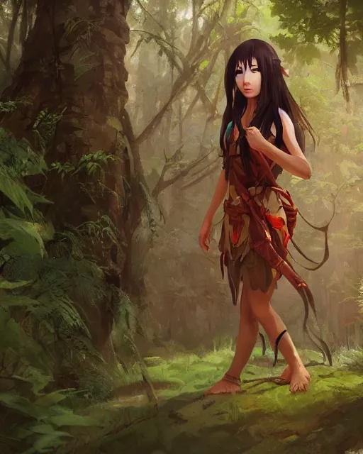 Image similar to an asian tribeswoman standing in the woods. By Makoto Shinkai, Stanley Artgerm Lau, WLOP, Rossdraws, James Jean, Andrei Riabovitchev, Marc Simonetti, krenz cushart, Sakimichan, D&D trending on ArtStation, digital art.