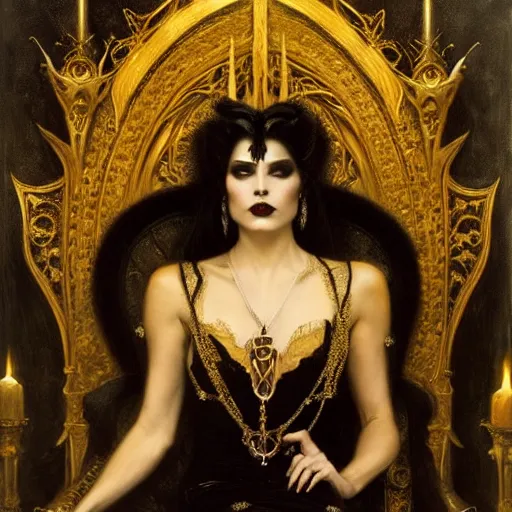 Image similar to perfectly centered portrait of attractive vampire queen in gold gothic robe sitting on a throne of black bones, painting by gaston bussiere, craig mullins, j. c. leyendecker, 8 k, mid shot