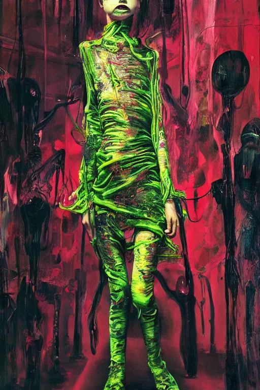 Image similar to crazy fashion catwalk, one model, crazy clothes, biopunk style, horror, clothes look like slime, hauntingly surreal, highly detailed painting by francis bacon, edward hopper, adrian ghenie, gerhard richter, and james jean soft light 4 k,