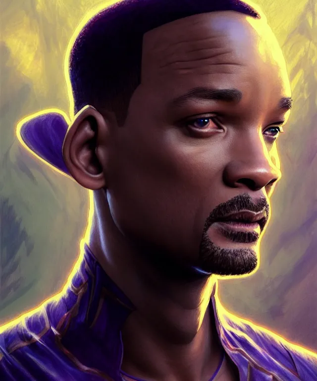 Image similar to Will Smith as a fantasy magic man portrait, sci-fi, amber eyes, face, fantasy, intricate, elegant, highly detailed, digital painting, artstation, concept art, smooth, sharp focus, illustration, art by artgerm and greg rutkowski and alphonse mucha