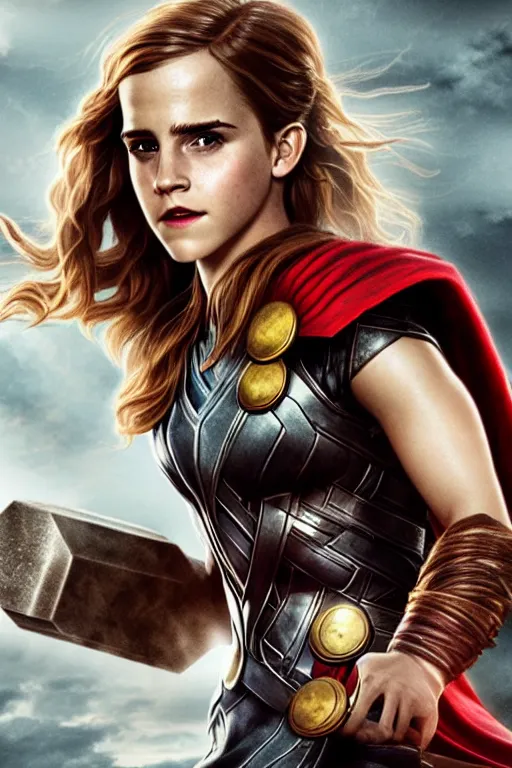 Prompt: photorealistic art of Emma Watson as the mighty Thor, cinematic lighting, horror art, 8k, intricate detailing