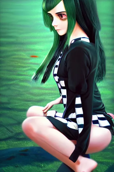 Image similar to mysterious girl child with her long black hair dressed in a chequered robe anime art style, big green diamond on her hand, digital art by ilya kuvshinov, inspired by balthus, hd, 4 k, hyper detailed