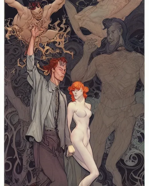 Image similar to a handsome man and a beautiful woman back to back artwork by james jean, Phil noto and rebecca guay