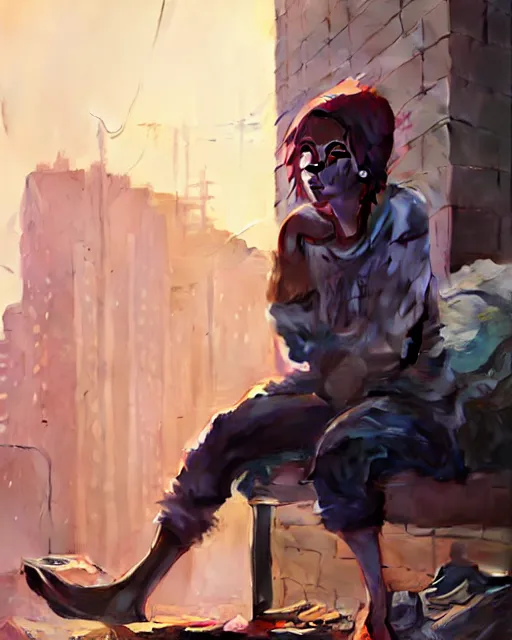 Image similar to portrait of homeless Scarlett Johansson wearing tattered rags barefooted, in GTA V, Stephen Bliss, unreal engine, by Greg Rutkowski, Loish, Rhads, Makoto Shinkai and Lois van baarle, ilya kuvshinov, rossdraws, global illumination, radiant light, detailed and intricate environment