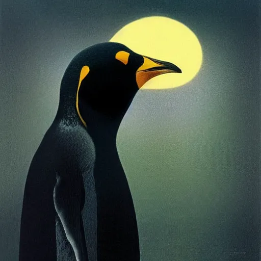 Prompt: “portrait of a king penguin in Antarctica, painted by zdzislaw beksinski”