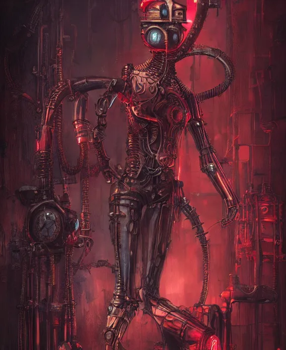 Prompt: steampunk style JoJo stand, red neon lights, evil armour, by HR Giger and Beksiński and Stephan Martiniere , 4k resolution, detailed, trending on artstation