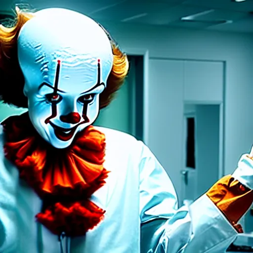 Image similar to a photograph of pennywise dressed as a doctor in a hospital, with a lab coat, with a stethoscope, hyperdetailed, intricate, dramatic, horror movie, movie still, 4 k realistic, volumetric lighting, sharp focus, american shot