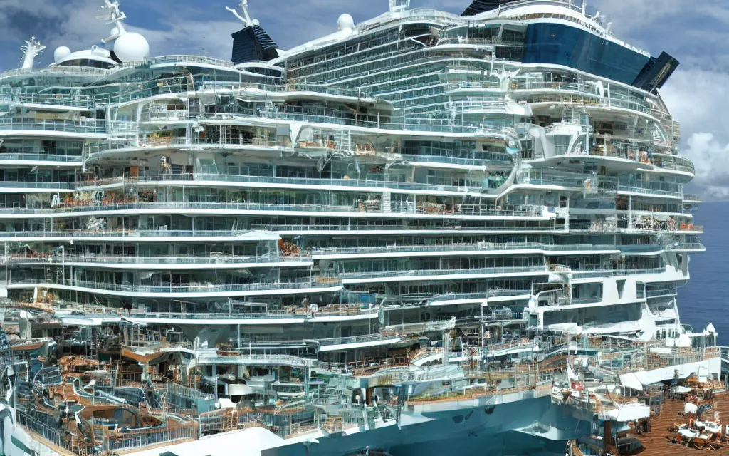 Image similar to cruise ship with a vertical farm, in the ocean, hightechnology