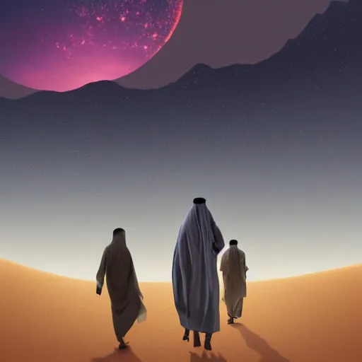 Image similar to bedouin walking in the desert towards a mosque while surrounded by nebula clouds, digital art, trending on artstation