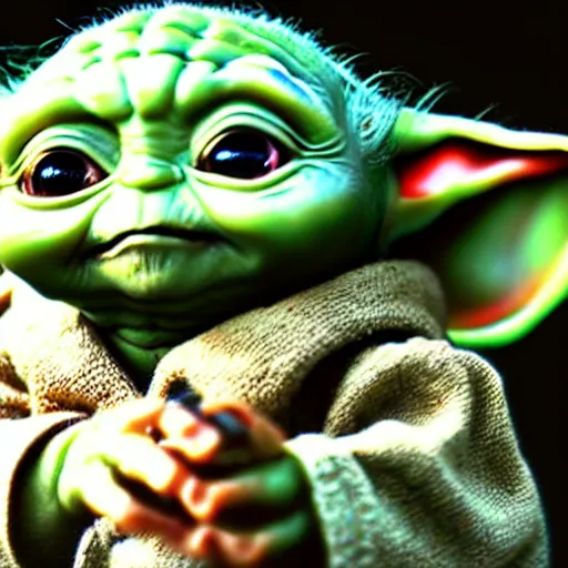 Image similar to hyper realistic Baby Yoda playing on Playstation,