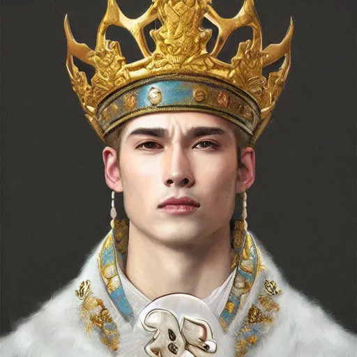 Image similar to a realistic transmasculine king with decorated clothes made of white pearls and white plumes of swan, highly detailed, digital painting, Trending on artstation , HD quality, by artgerm and greg rutkowski and alphonse mucha, dramatic light, octane