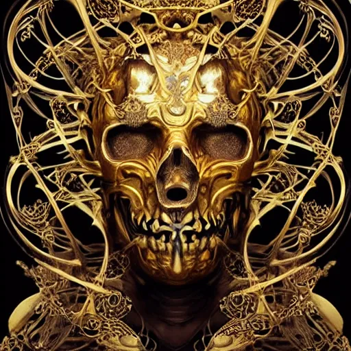 Prompt: ancient hybrid majestic gold skulls whirlpool cosmos throne beautiful symmetrical face mask closeup face mask golden ratio concept, deep forest psytrance Neo-Gothic concept, infinity glyph waves, intricate artwork masterpiece, very coherent artwork, cinematic, full frontal facial features by Artgerm, Takato Yamamoto, Zdizslaw Beksinski, Johnatan Wayshak, Moebius, H.R. Giger, Ayami Koj ima, very coherent artwork, trending on cgsociety, ultra high quality model, production quality cinema model, high detail chromatic ink outline, octane render, hyper reali sm, high detail, octane render, High contrast, highly detailed black ink outline