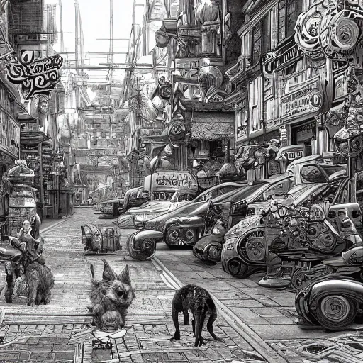 Prompt: a city of dogs, an ultrafine hyperdetailed illustration by kim jung gi, irakli nadar, intricate linework, bright colors, octopath traveler, final fantasy, unreal engine 5 highly rendered, global illumination, radiant light, detailed and intricate environment