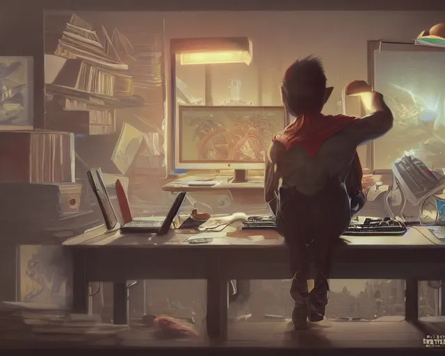 Image similar to an insanely detailed painting of a nerdy asian man wearing a superhero costume, sitting at a desk, staring at the nervously at the computer and typing, in the style of peter mohrbacher, dramatic lighting and composition, octane render, pixar, trending on artstation, concept art, comic book, view from behind