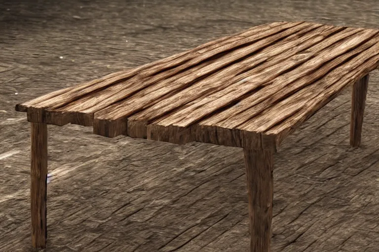 Image similar to a rustic rectangle wooden table with spikes sticking out of it. artstation highquality 4k