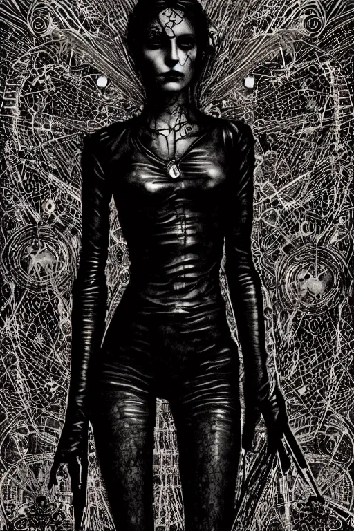 Image similar to dreamy gothic girl, black leather slim clothes, needles, beautiful body, detailed acrylic, grunge, intricate complexity, by dan mumford and by alberto giacometti, peter lindbergh