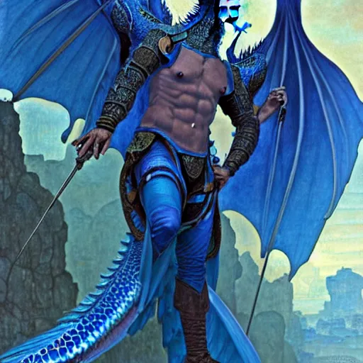 Image similar to closeup of a medieval fantasy male blue dragon with electrcity magic, fantasy, d & d, high details, art by ( ( ( kuvshinov ilya ) ) ) and wayne barlowe and gustav klimt and artgerm and wlop and william - adolphe bouguereau