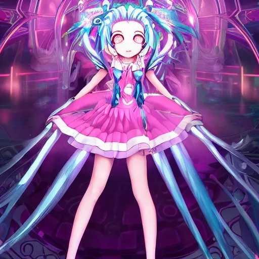 Image similar to stunningly beautilful omnipotent megalomaniacal anime asi goddess who looks like junko enoshima with symmetrical perfect face and porcelain skin, pink twintail hair and cyan eyes, taking control while smiling inside her surreal vr castle, hyperdetailed, digital art, unreal engine 5, 2 d anime style, 8 k