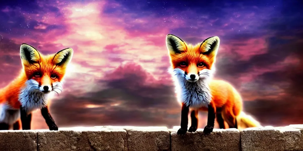 Prompt: a beautiful small fox in the huge ruins of the second temple in jerusalem, dreamy sky, the third temple hovers quietly hiding in the sky above, very colorful painting 8 k trending on art station, intricate superb details, digital art, very very very realistic, cinematic lighting, volumetric lighting, photographic, blur bokeh defocus dof sky.