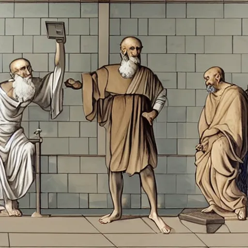 Prompt: greek philosophers in a bathroom