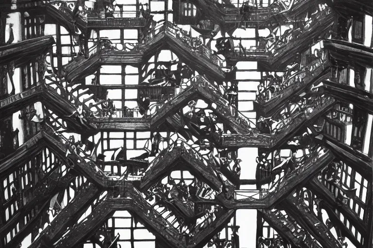 Prompt: Hogwarts stairwell, looking down from above,by MC Escher black and white