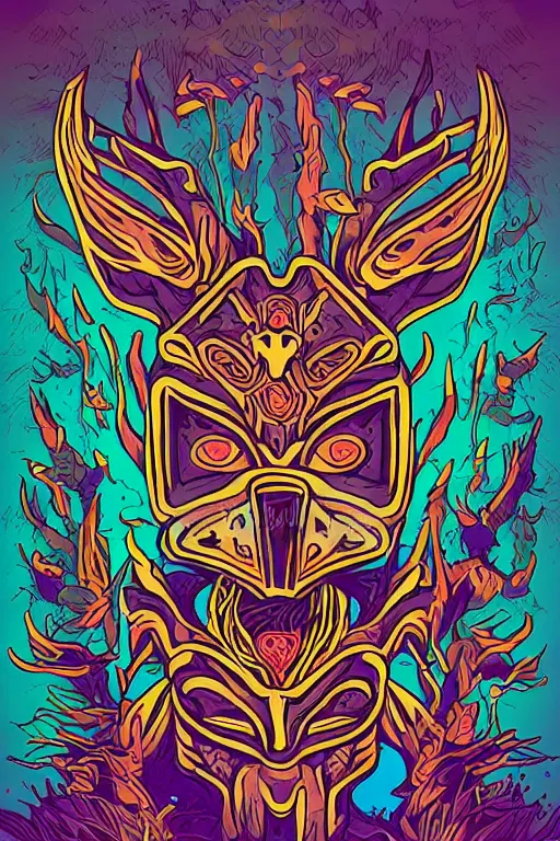 Image similar to animal mask totem roots flower tribal feather gemstone plant wood rock shaman vodoo video game vector cutout illustration vivid multicolor borderlands comics by josan gonzales and dan mumford radiating a glowing aura