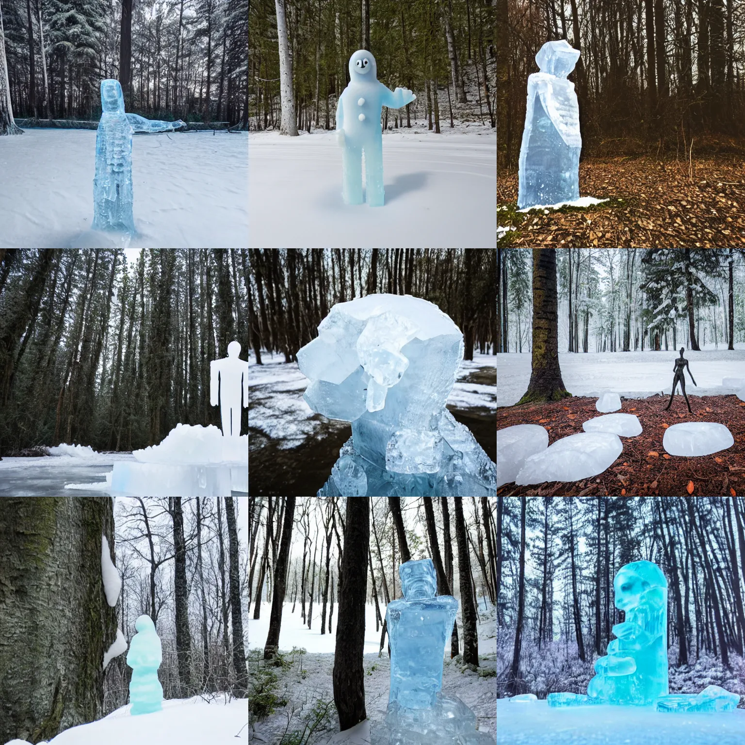 Prompt: figure frozen in block of ice in the forest