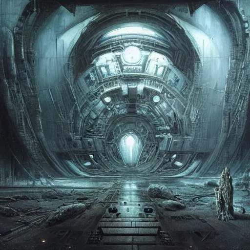 Image similar to lost and alone in a vast future sci - fi cyberpunk brutalist megastructure temple by gustave dore and gustave moreau and beksinski and giger and craig mullins and jeremy mann