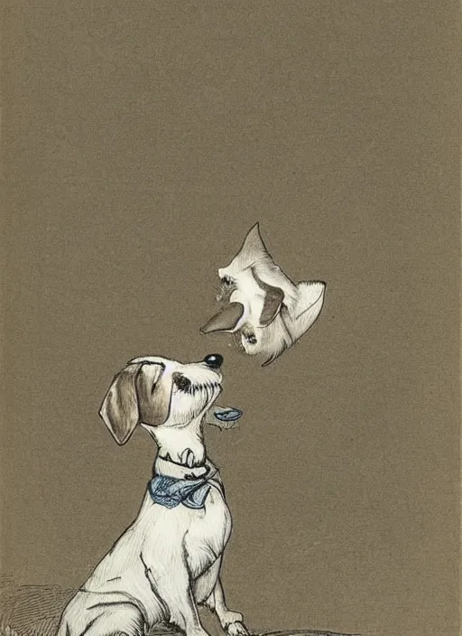 Image similar to candid portrait of jack russel dog looking up, from behind, night sky, highly detailed, side view, illustrated by peggy fortnum and beatrix potter and sir john tenniel