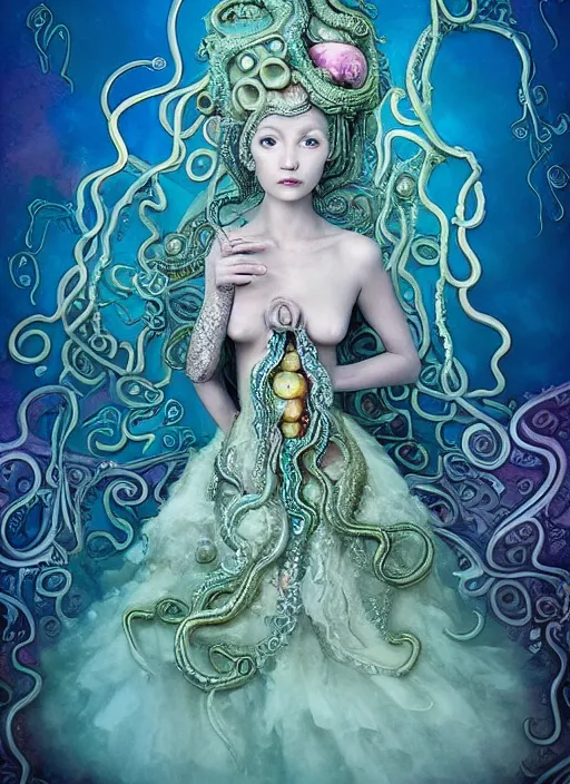 Image similar to A full body shot of a cute and mischievious monster girl wearing an ornate ball gown made of opals and tentacles. Fancy Dress under the sea. Subsurface Scattering. Translucent Skin. Rainbow palette. defined facial features, symmetrical facial features. Opalescent surface. beautiful lighting. By Giger and Ruan Jia and Artgerm and WLOP and William-Adolphe Bouguereau. Photo real. Hyper-real. Photorealism. Fantasy Illustration. Sailor Moon hair. Masterpiece. trending on artstation, featured on pixiv, award winning, cinematic composition, dramatic pose, sharp, details, Hyper-detailed, HD, HDR, 4K, 8K.